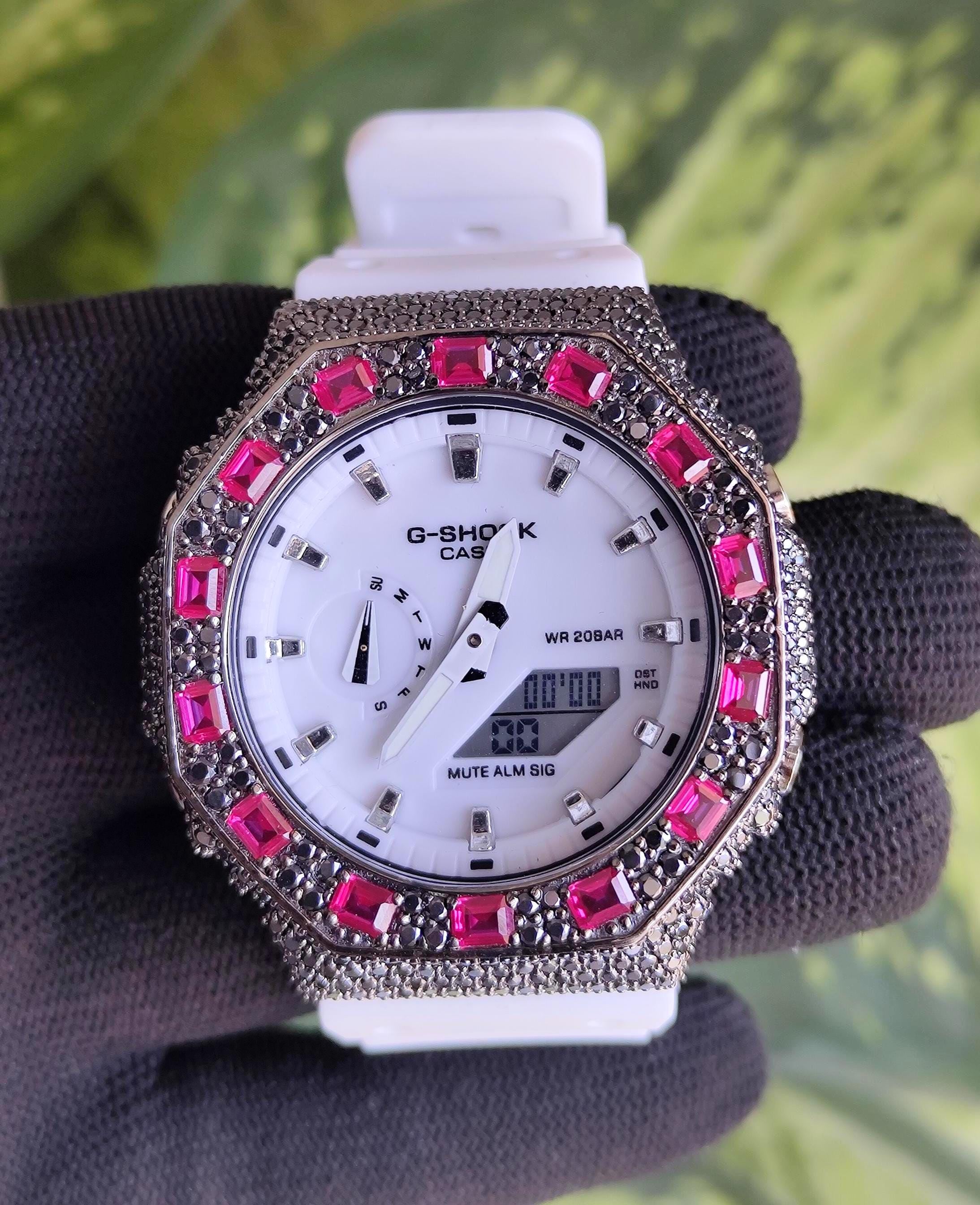 Custom Iced Out Watch: VVS black Moissanite, Raspberry Dial by Silvoura