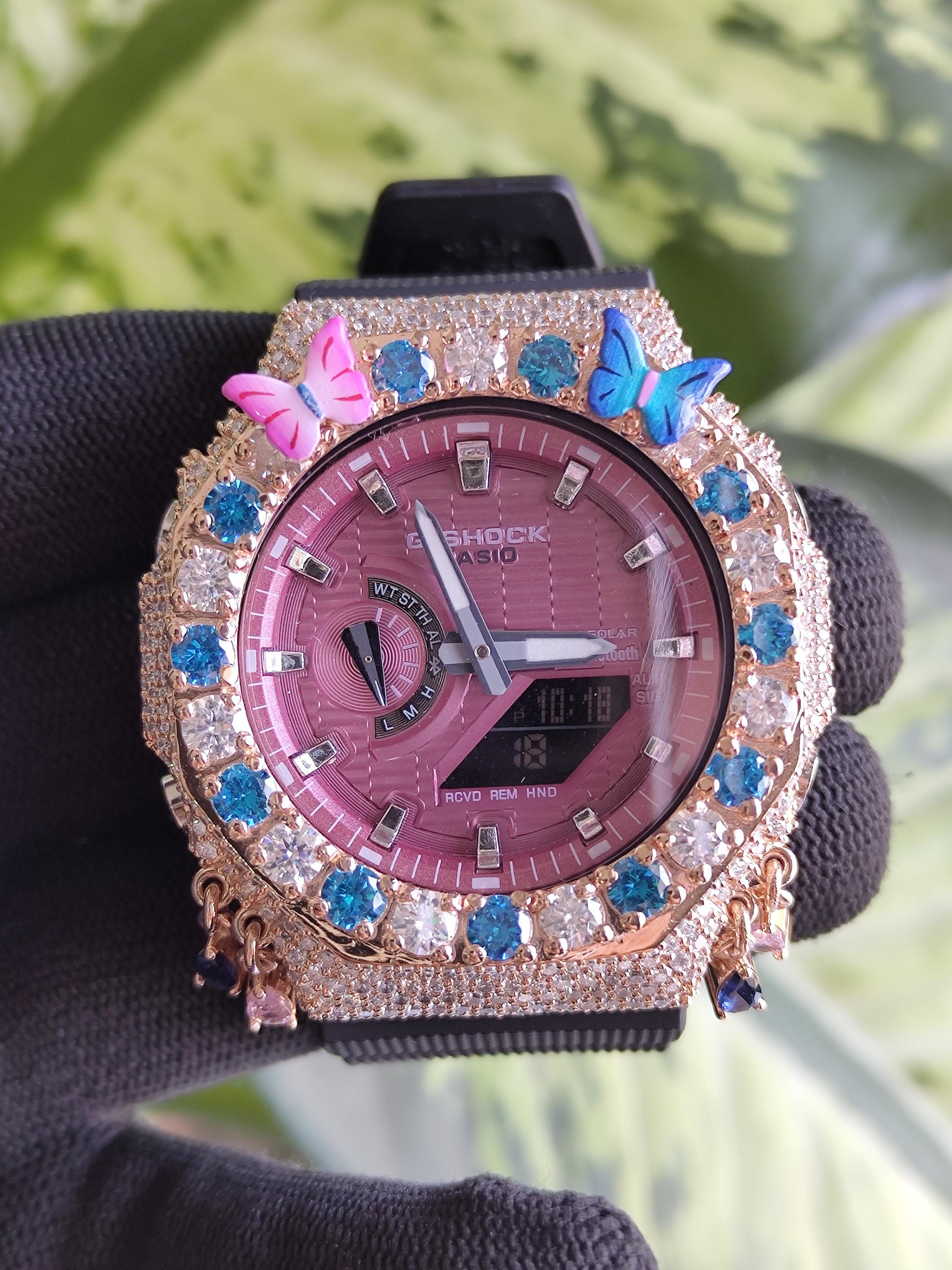 Custom Iced Out Butterfly Moissanite Watch ,Blue & White stones by Silvoura
