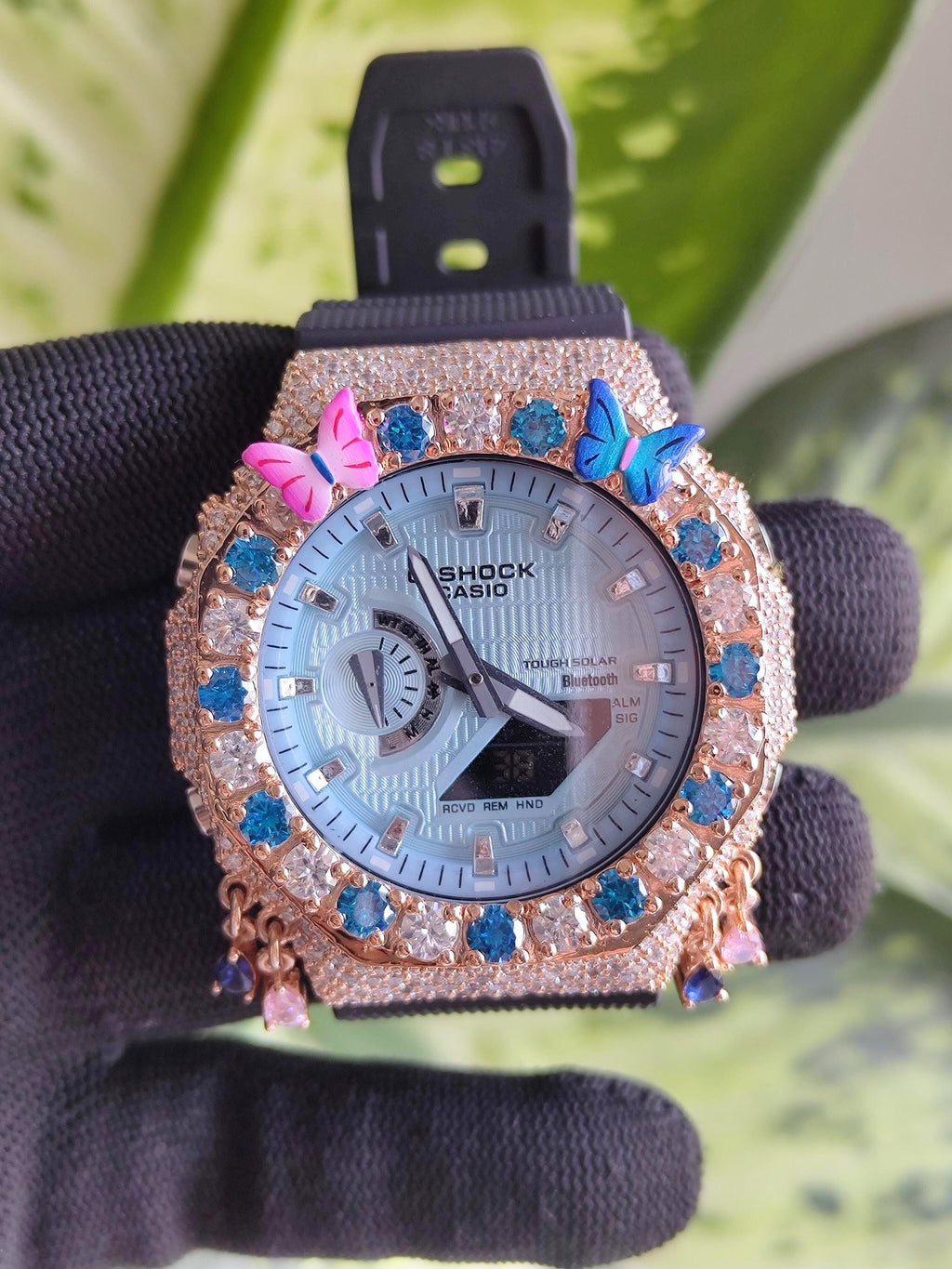 Custom Iced Out Butterfly Moissanite Watch ,Blue & White stones by Silvoura