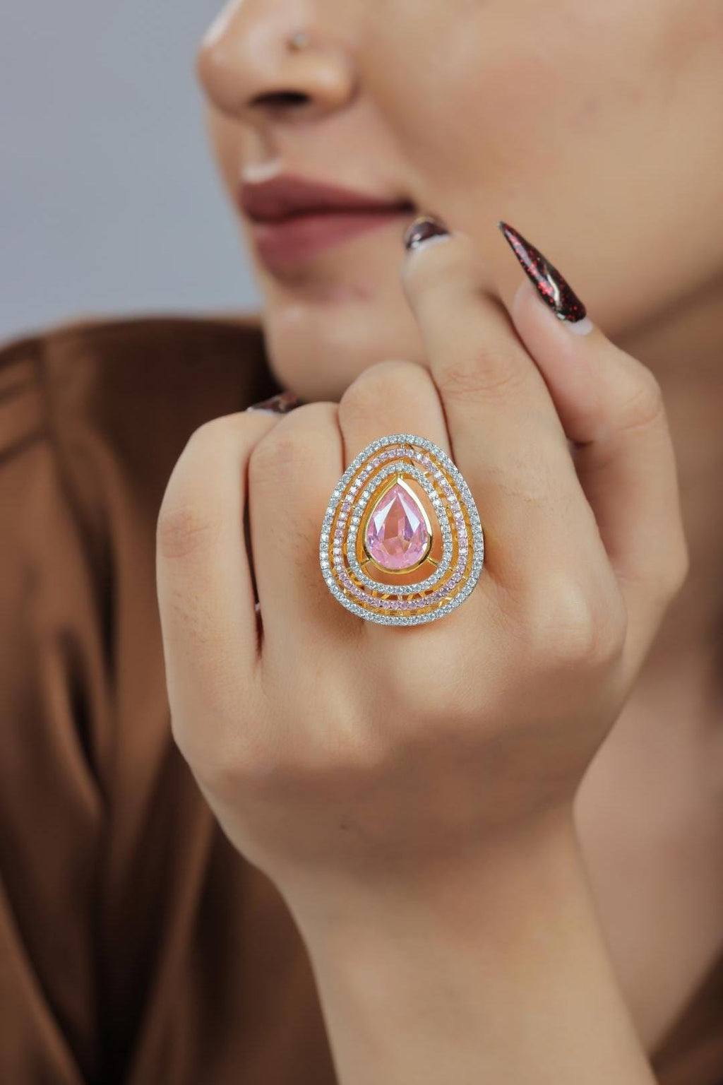 Pink Gemstone & White Moissanite Sterling Silver Statement Ring - Teardrop Cocktail Ring