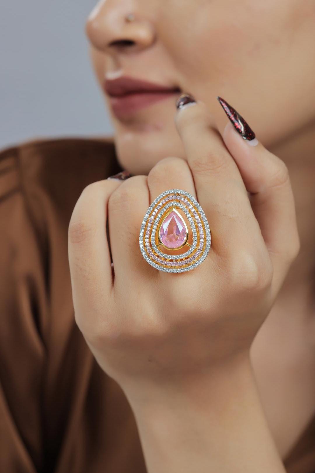Pink Gemstone & White Moissanite Sterling Silver Statement Ring - Teardrop Cocktail Ring