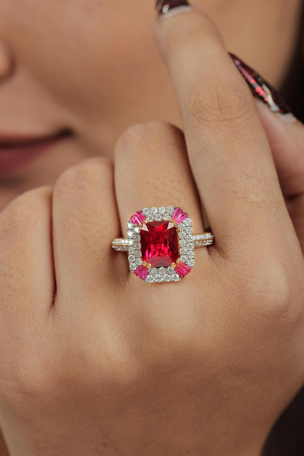 Red Gemstone & Moissanite Sterling Silver Statement Ring - Emerald Cut Halo