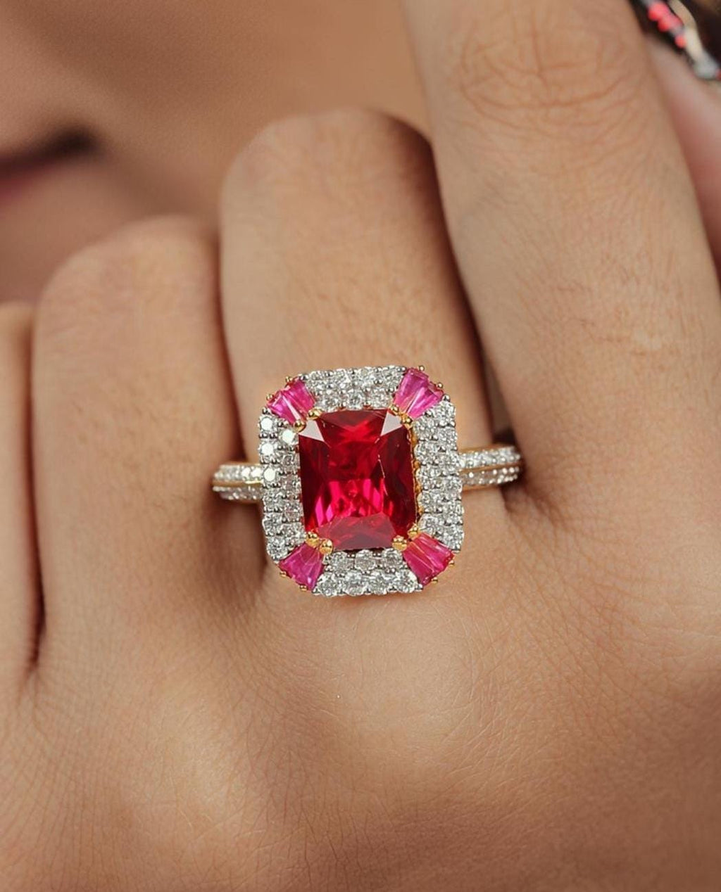 Red Gemstone & Moissanite Sterling Silver Statement Ring - Emerald Cut Halo