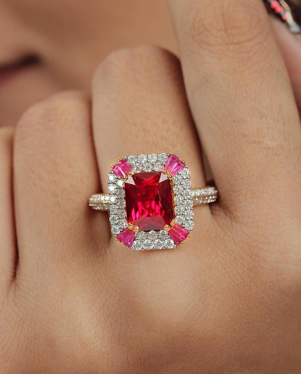 Red Gemstone & Moissanite Sterling Silver Statement Ring - Emerald Cut Halo