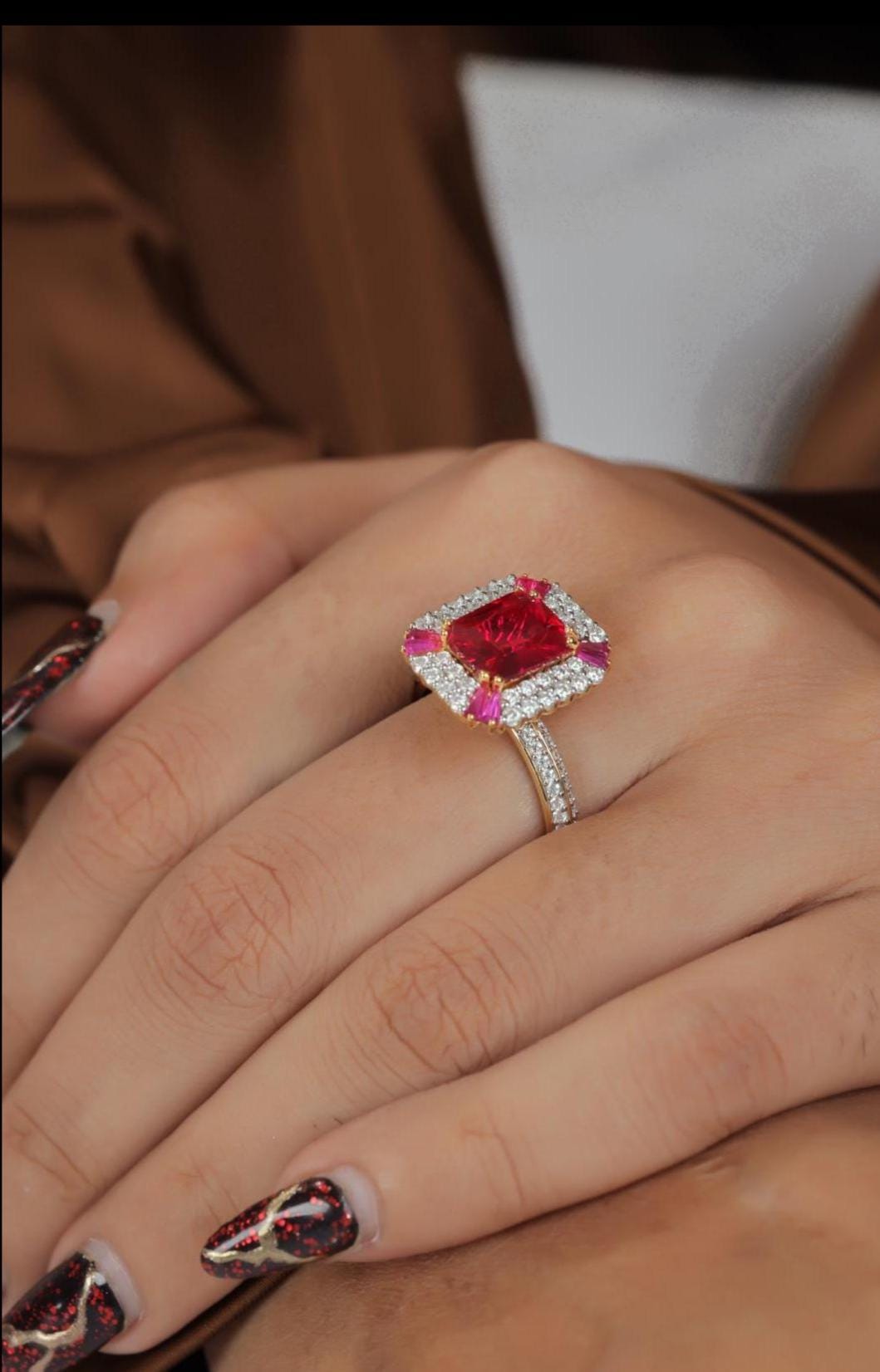 Red Gemstone & Moissanite Sterling Silver Statement Ring - Emerald Cut Halo