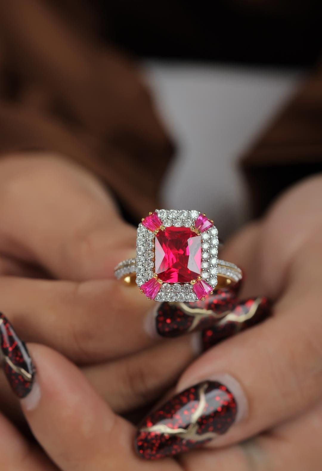 Red Gemstone & Moissanite Sterling Silver Statement Ring - Emerald Cut Halo