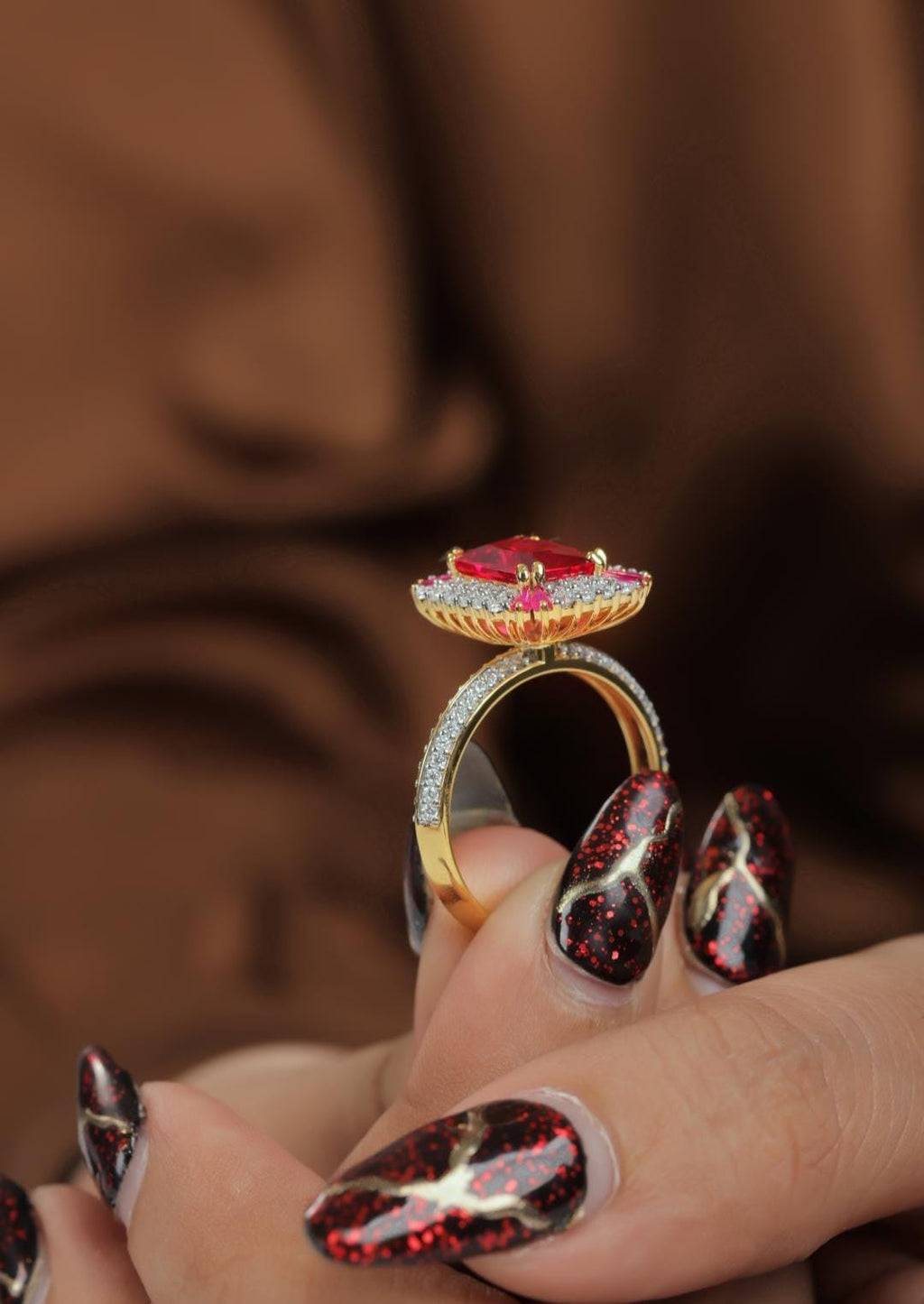 Red Gemstone & Moissanite Sterling Silver Statement Ring - Emerald Cut Halo