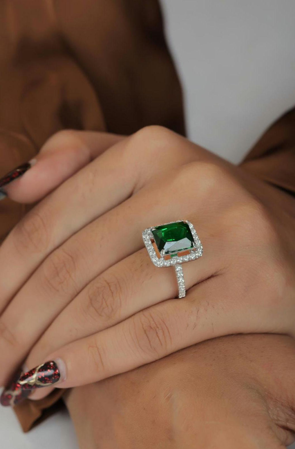 Emerald Green Gemstone & Moissanite Sterling Silver Statement Ring - Square Halo