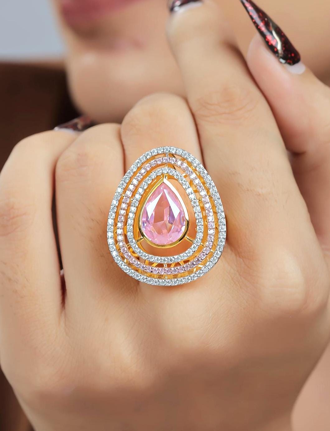 Pink Gemstone & White Moissanite Sterling Silver Statement Ring - Teardrop Cocktail Ring