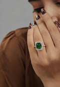 Emerald Green Gemstone & Moissanite Sterling Silver Statement Ring - Square Halo