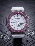 Custom Iced Out Watch: VVS black Moissanite, Raspberry Dial by Silvoura