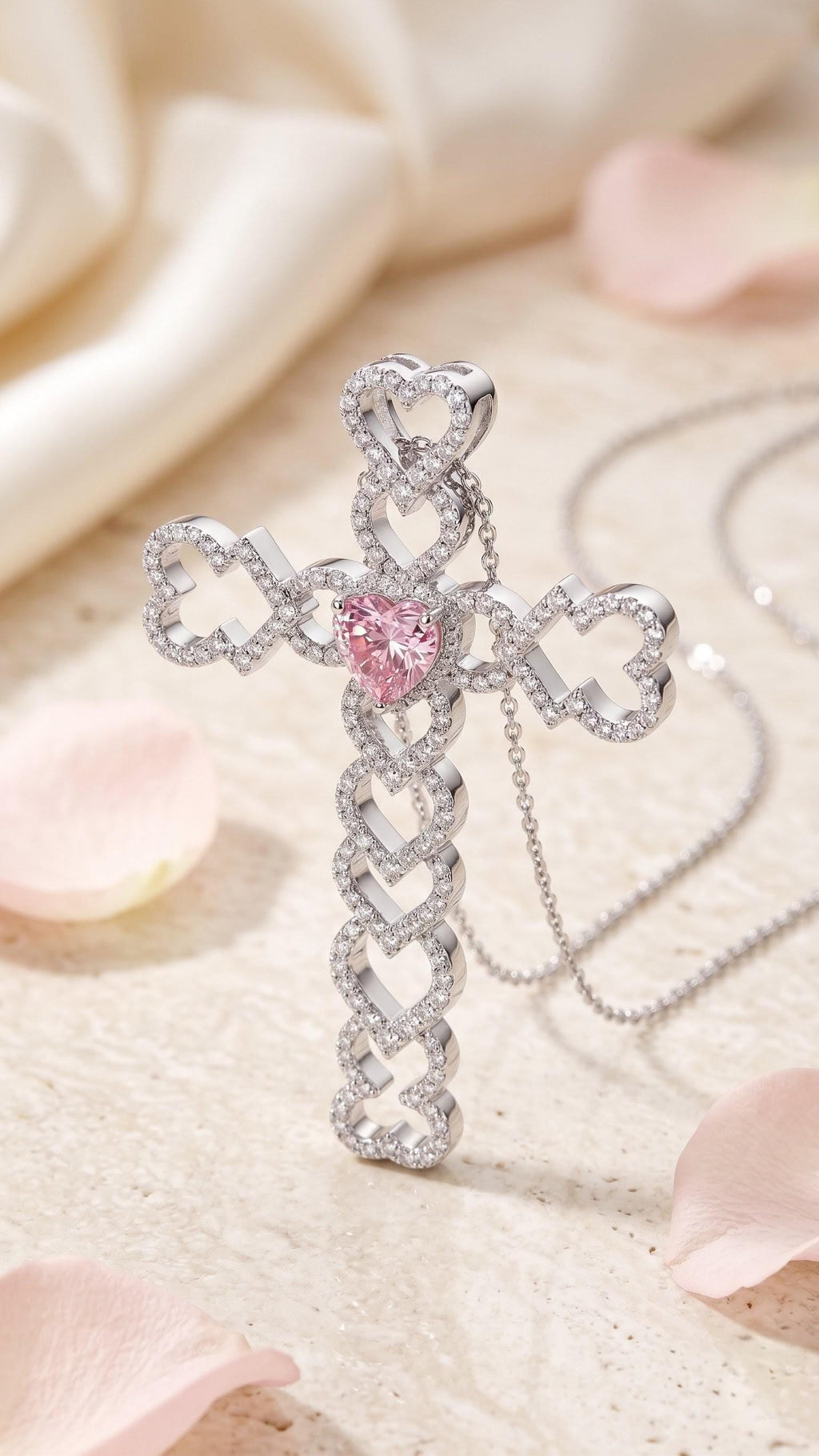 Pink Heart Cross Pendant | VVS1 Moissanite Charm | Luxury Hip Hop Jewelry