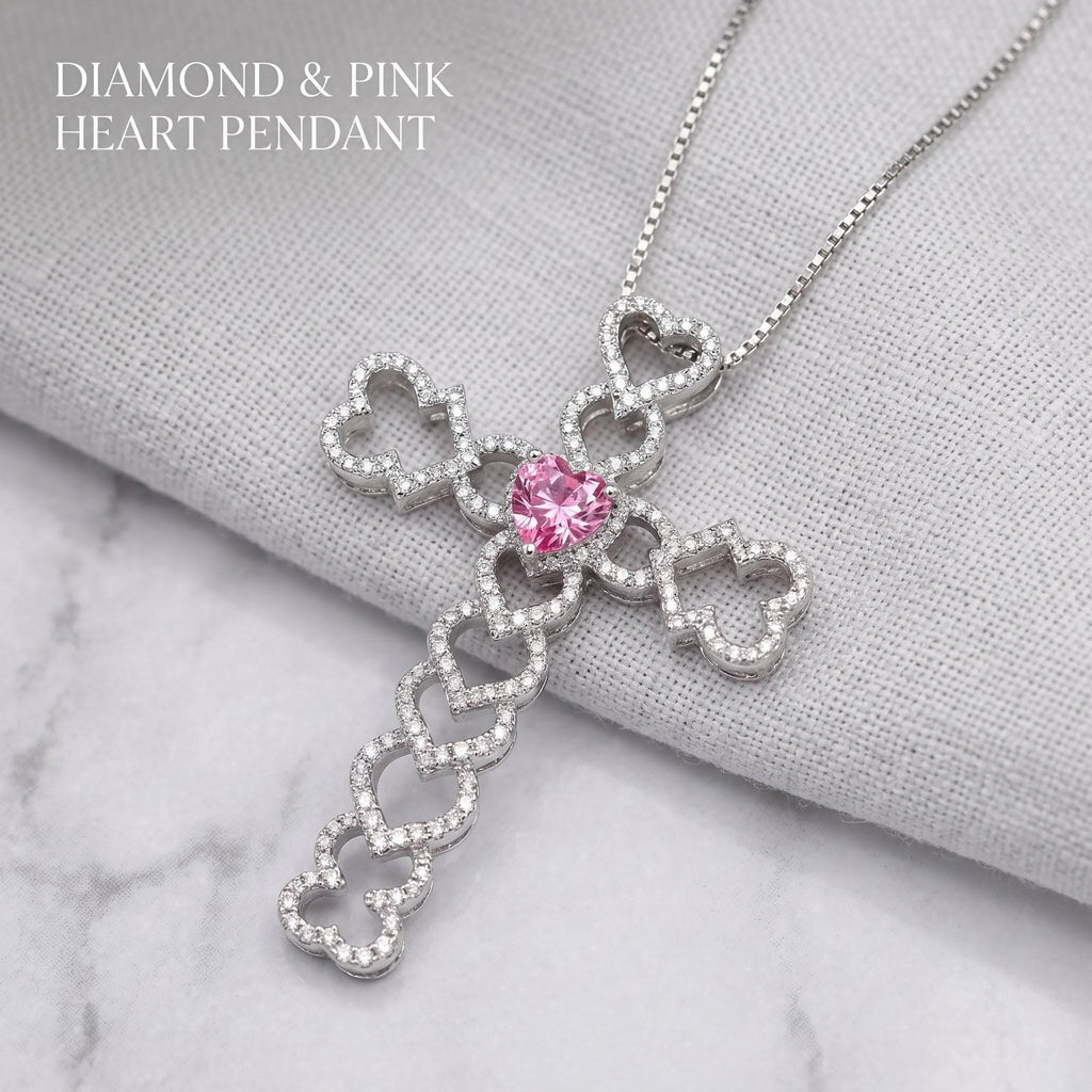 Pink Heart Cross Pendant | VVS1 Moissanite Charm | Luxury Hip Hop Jewelry
