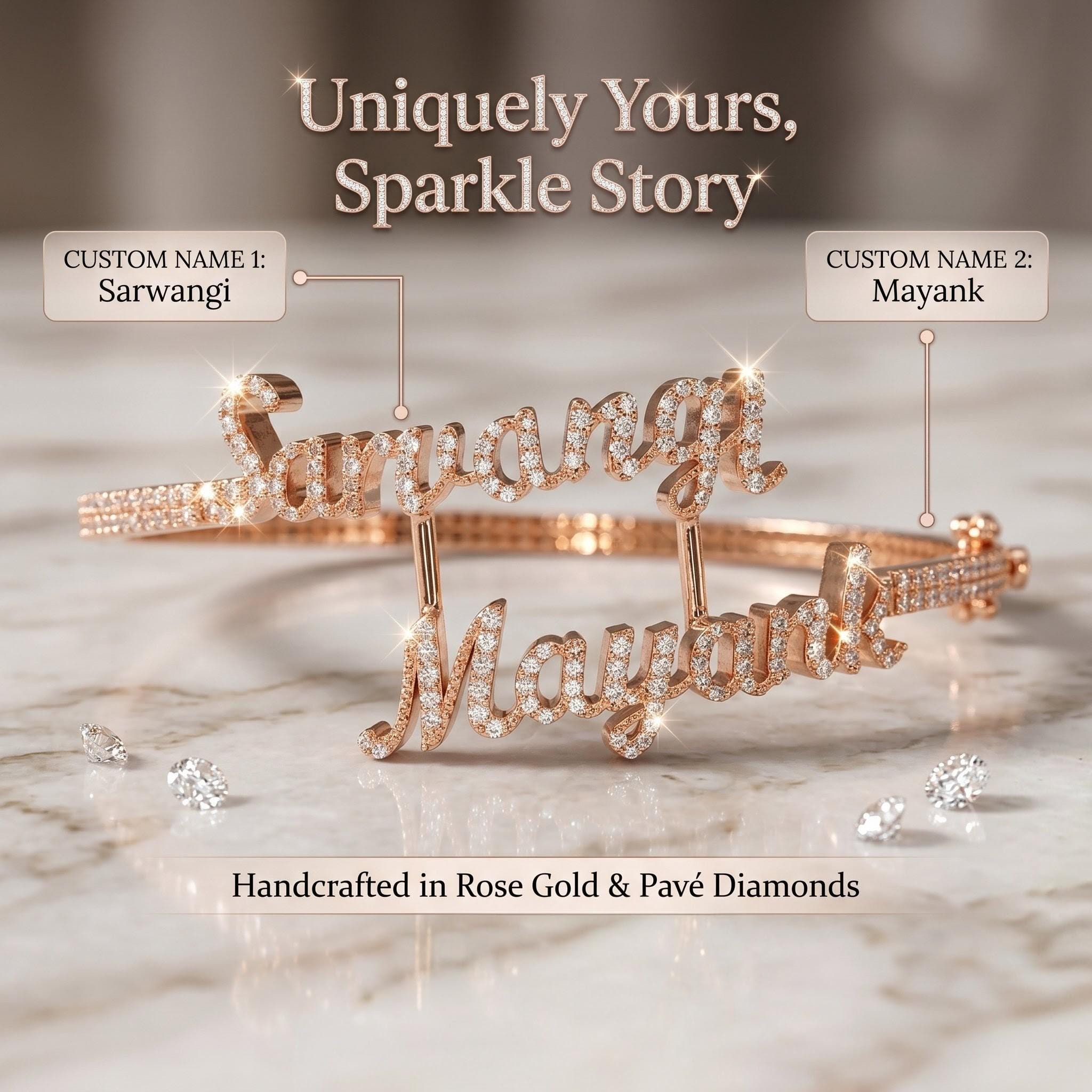 Custom Double Name Bracelet | Rose Gold Finish, Moissanite Stones, Couple Jewelry