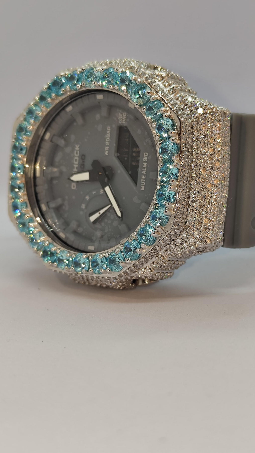 Iced Out Aqua Blue  Moissanite Bust Down Case | Luxury Hip Hop Watch | Custom Diamond Style Timepiece