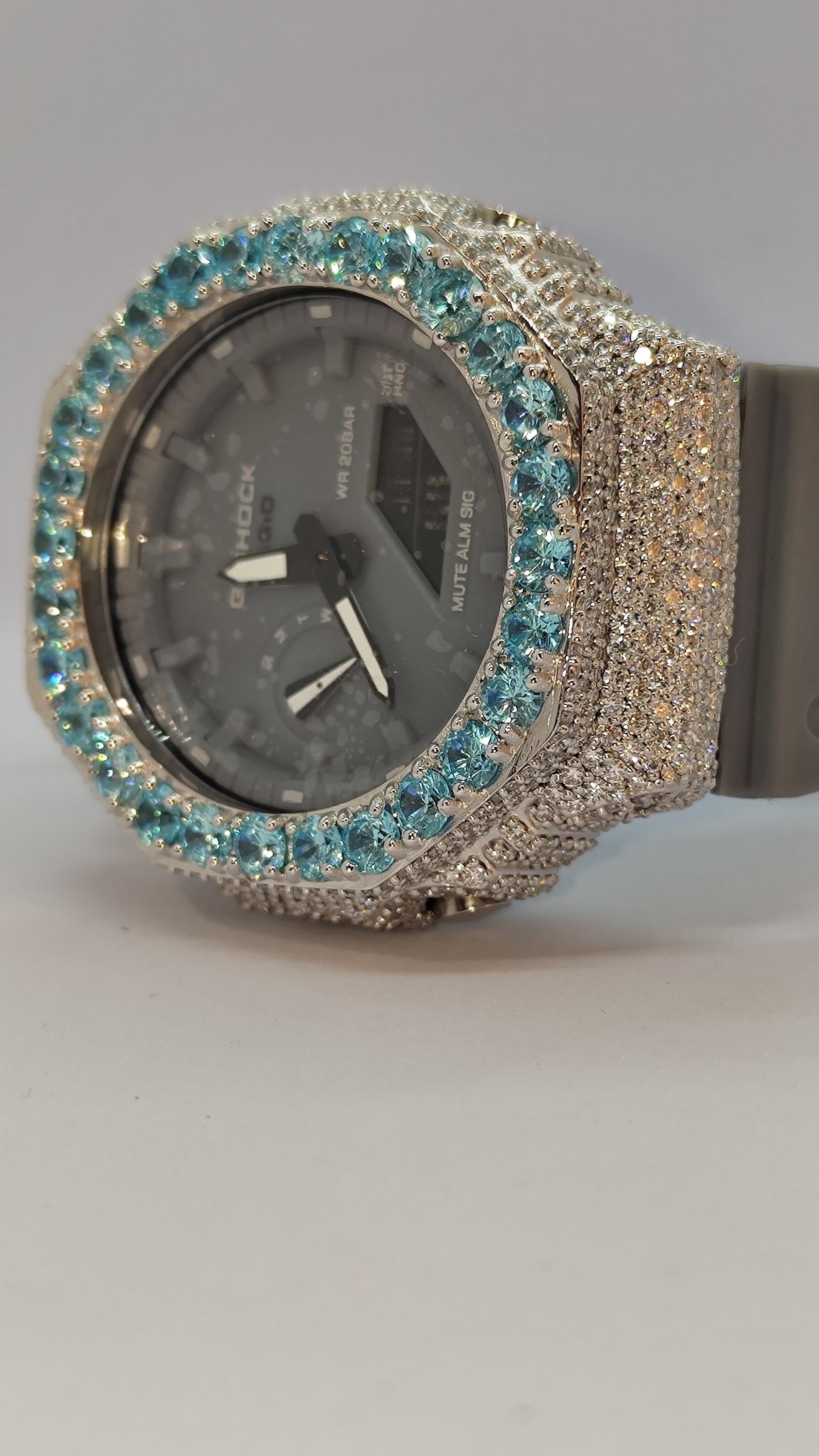 Iced Out Aqua Blue  Moissanite Bust Down Case | Luxury Hip Hop Watch | Custom Diamond Style Timepiece