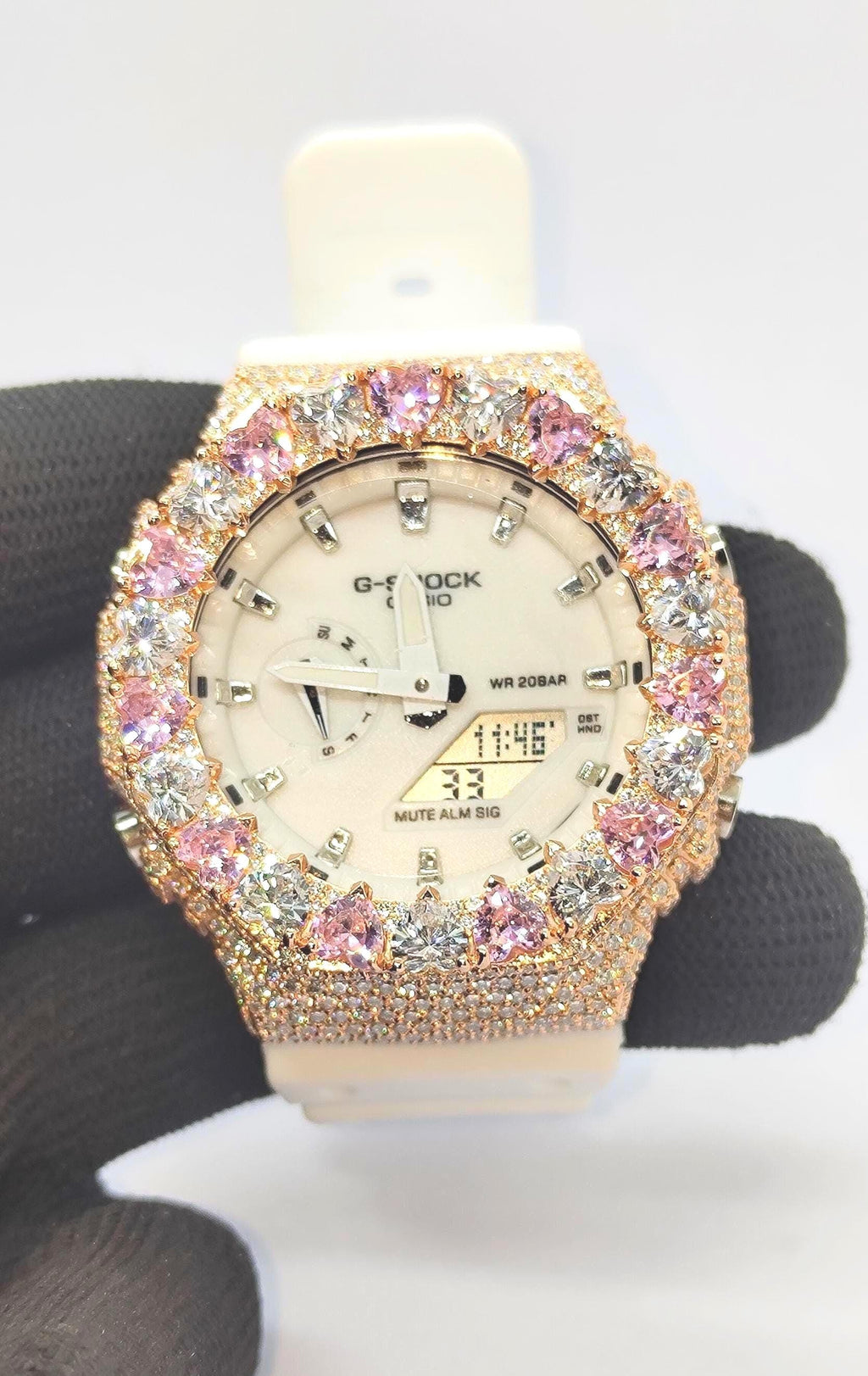 Moissanite Watch – Pink & White Heart - Iced Out Rose Gold Finish –Gift for her