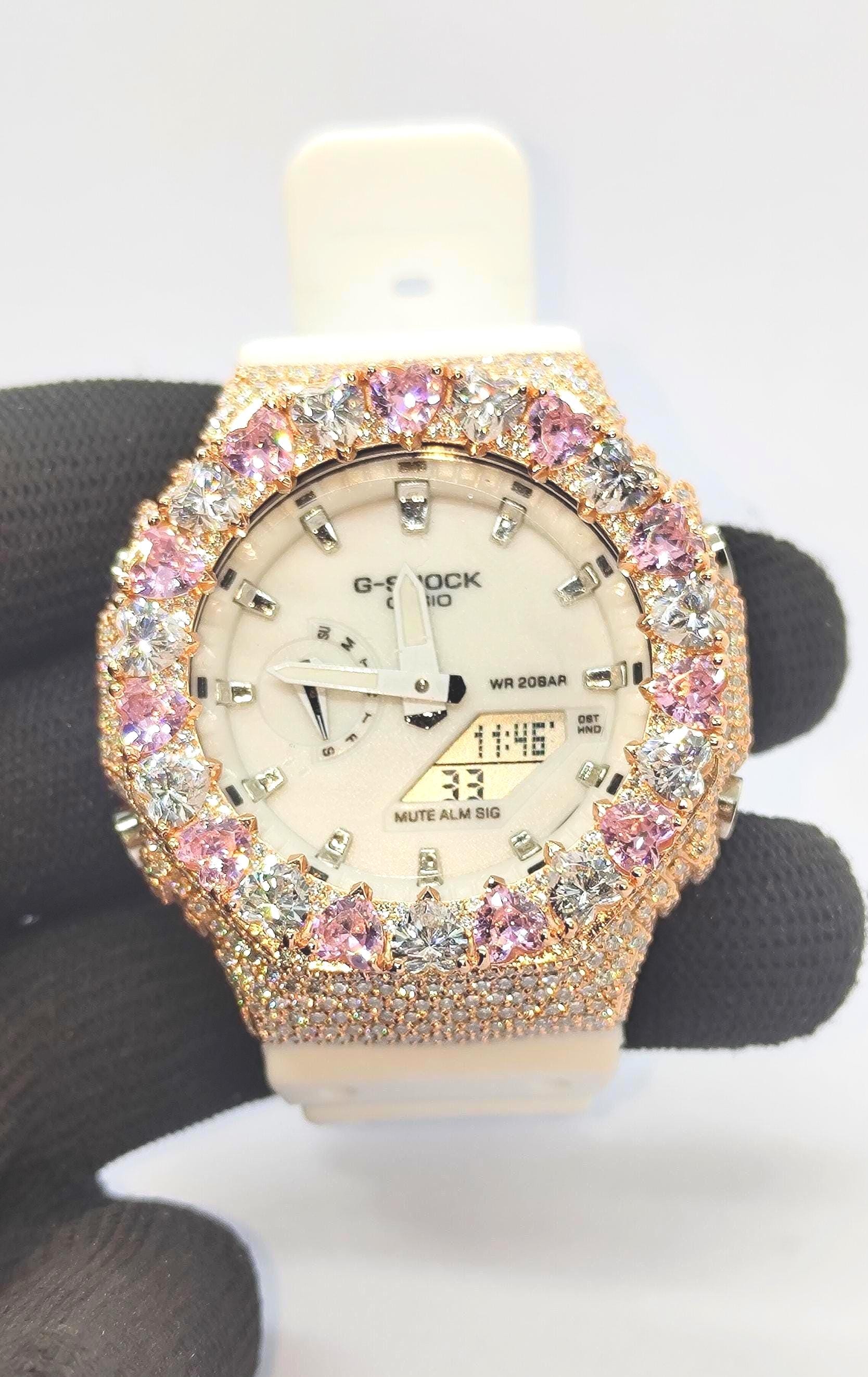 Moissanite Watch – Pink & White Heart - Iced Out Rose Gold Finish –Gift for her