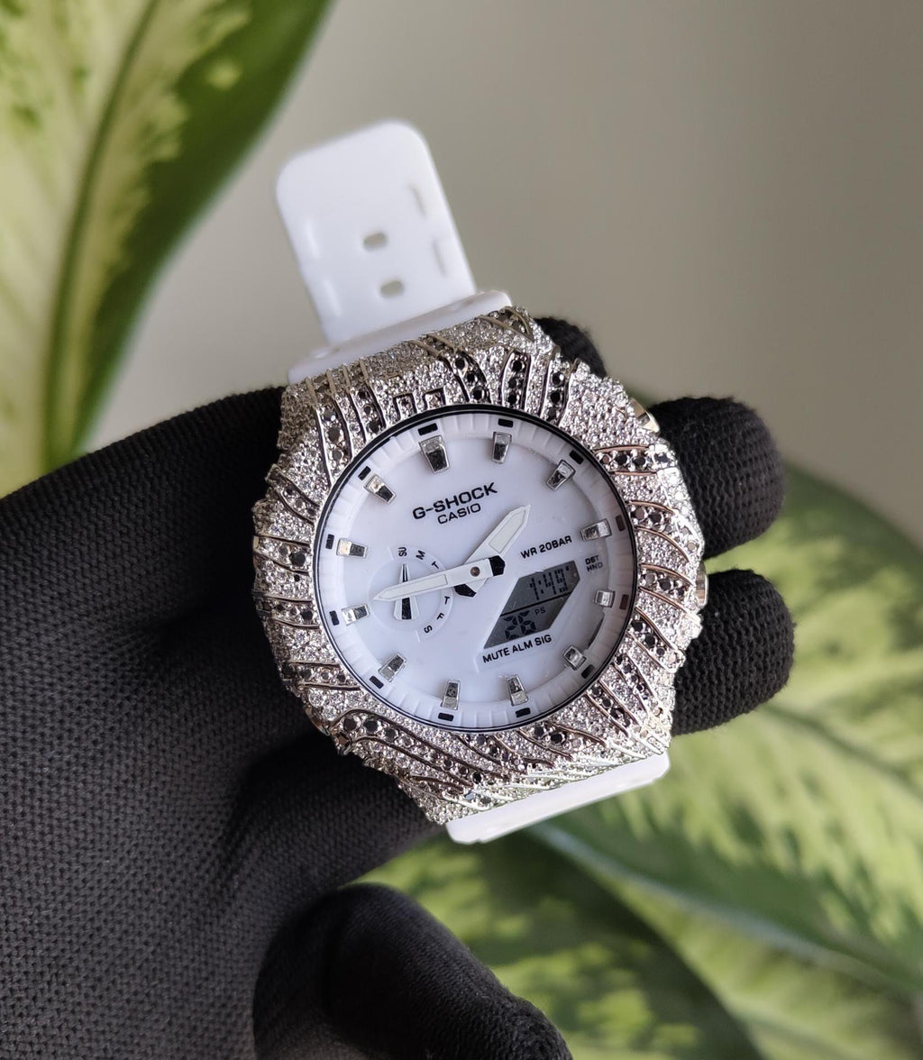 Iced Out White Watch | Custom Moissanite Diamond Bezel, Hip Hop Streetwear Style