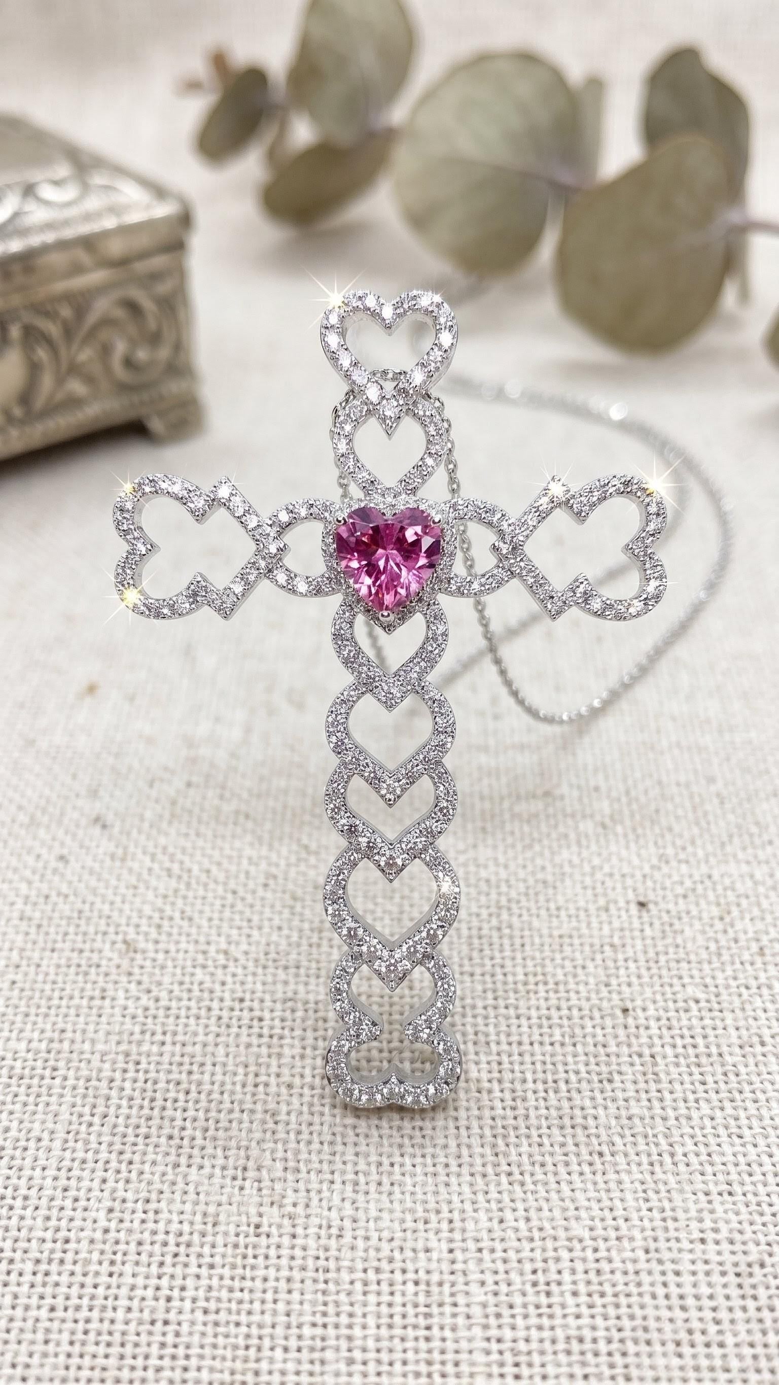 Pink Heart Cross Pendant | VVS1 Moissanite Charm | Luxury Hip Hop Jewelry