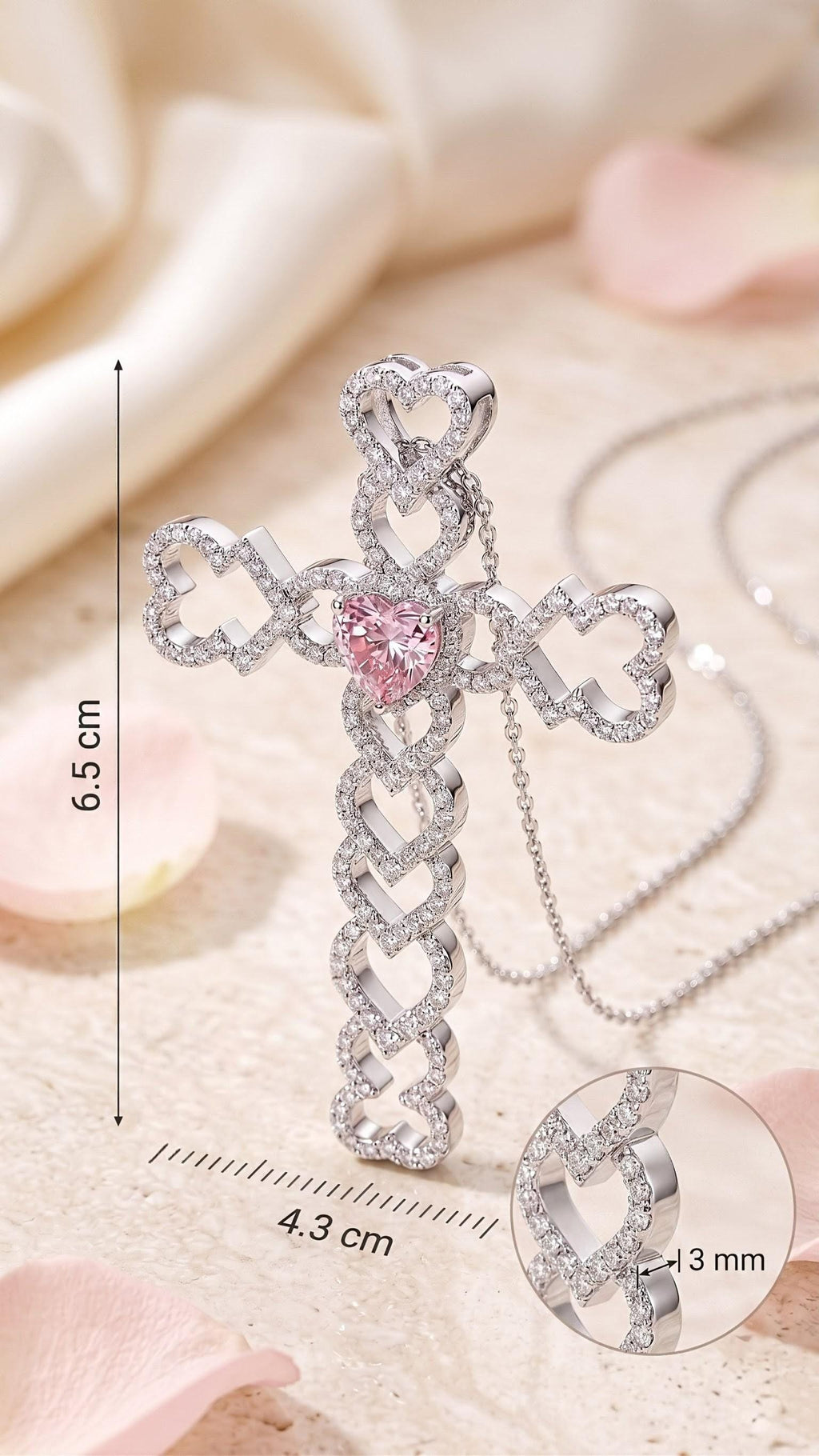 Pink Heart Cross Pendant | VVS1 Moissanite Charm | Luxury Hip Hop Jewelry