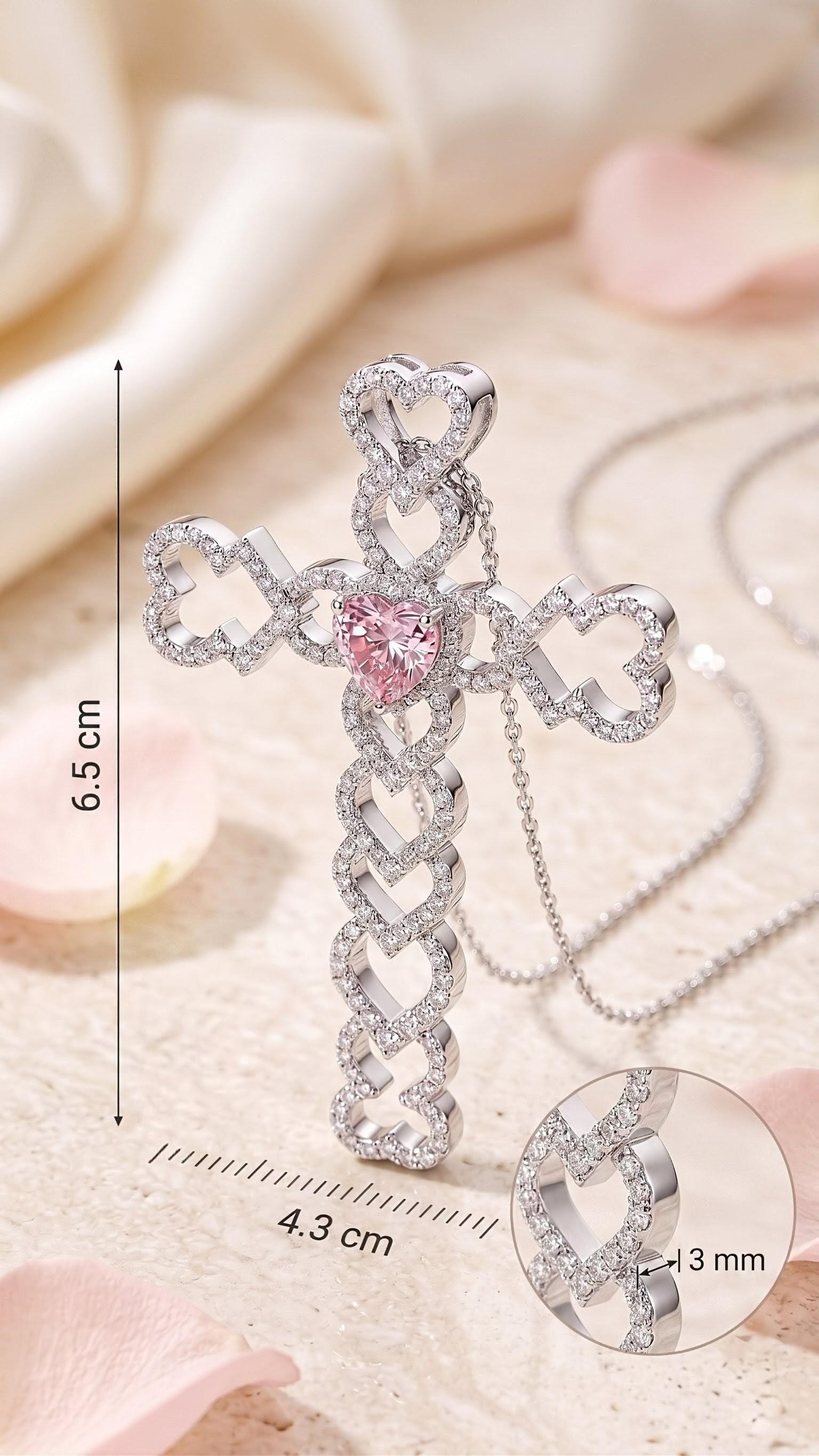 Pink Heart Cross Pendant | VVS1 Moissanite Charm | Luxury Hip Hop Jewelry