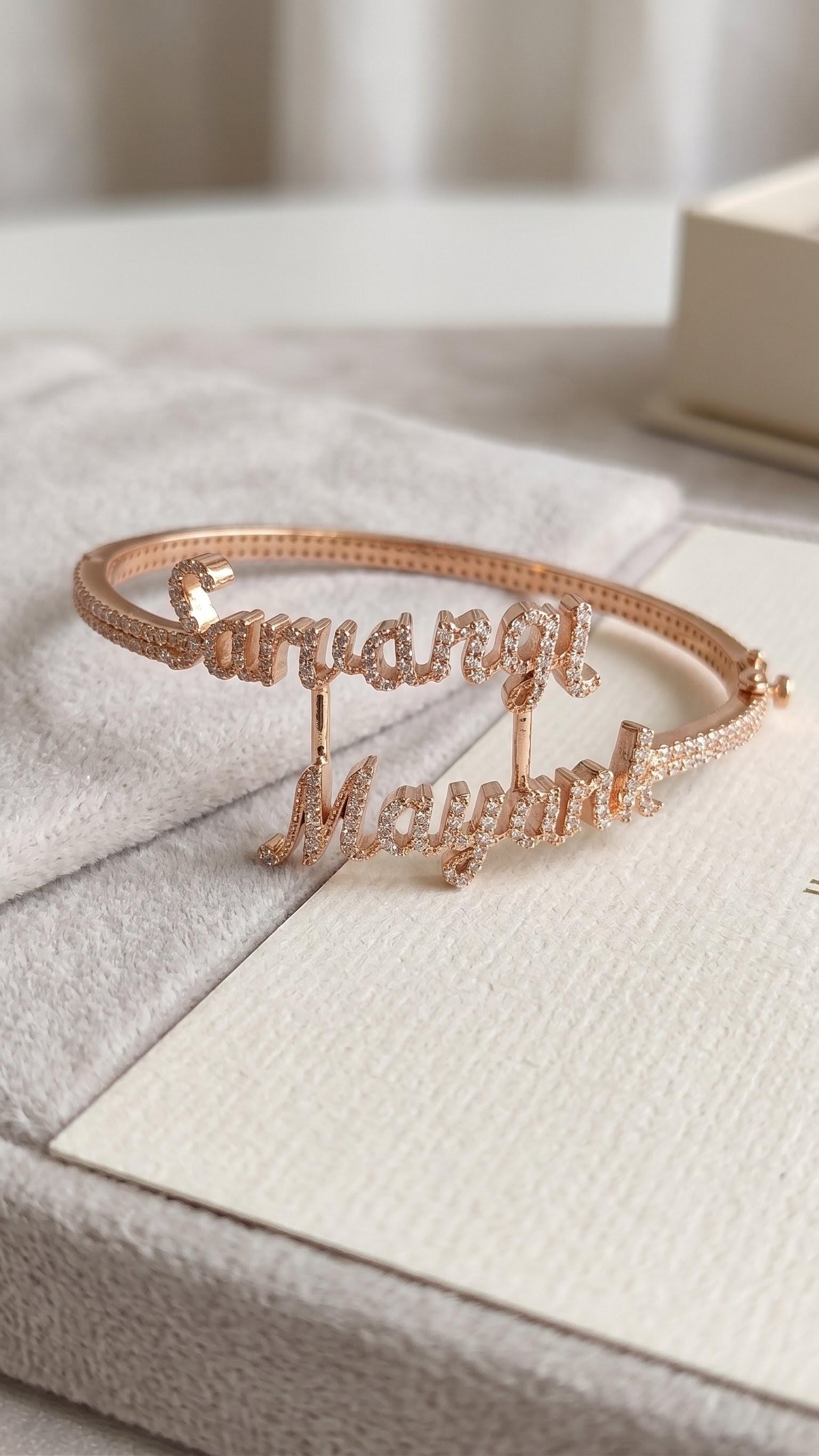 Custom Double Name Bracelet | Rose Gold Finish, Moissanite Stones, Couple Jewelry