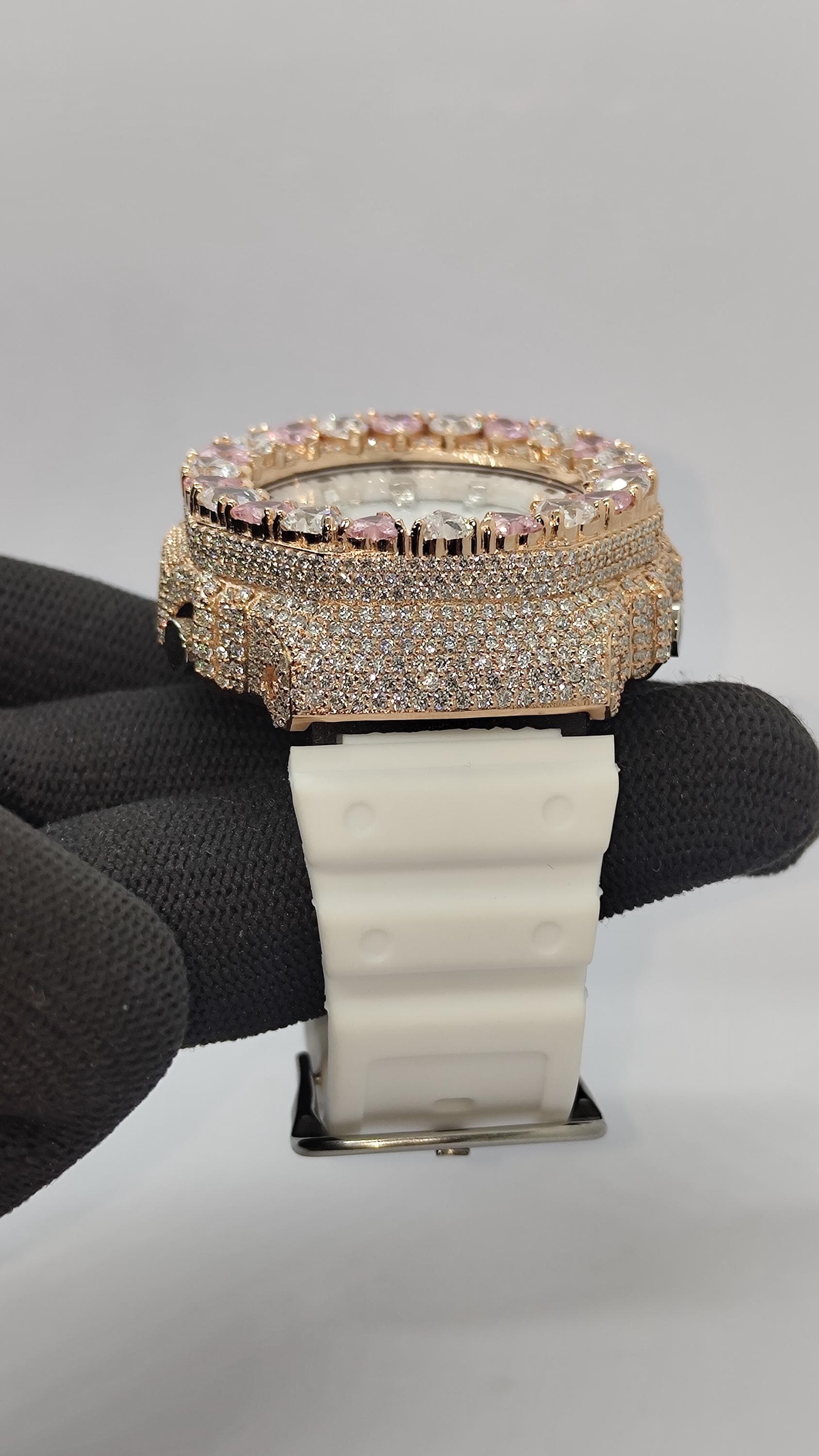 Moissanite Watch – Pink & White Heart - Iced Out Rose Gold Finish –Gift for her