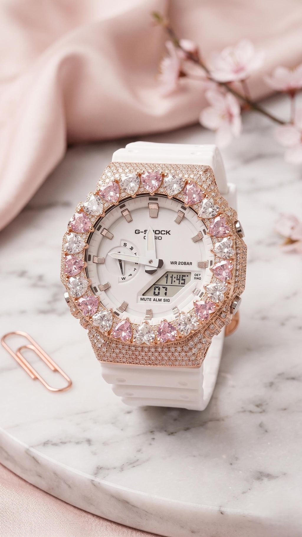 Moissanite Watch – Pink & White Heart - Iced Out Rose Gold Finish –Gift for her