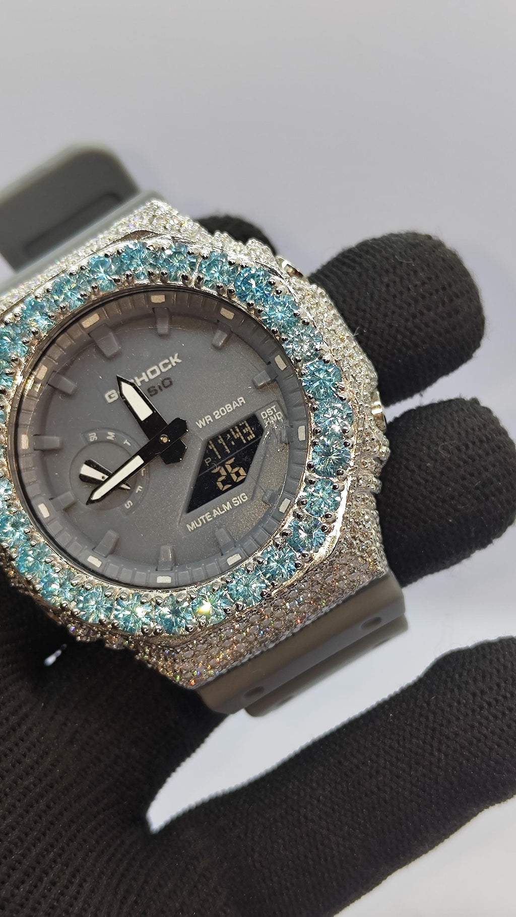 Iced Out Aqua Blue  Moissanite Bust Down Case | Luxury Hip Hop Watch | Custom Diamond Style Timepiece