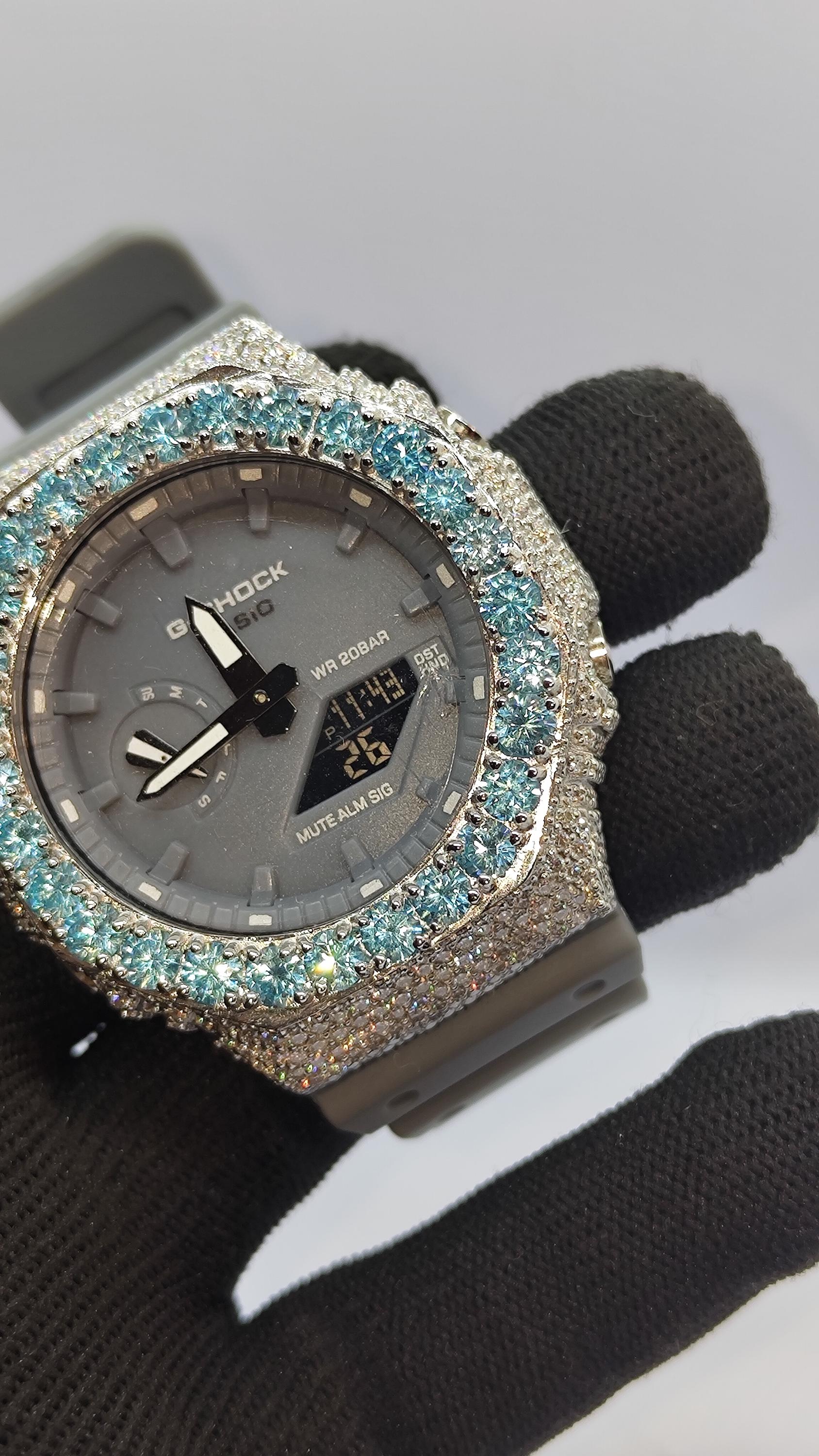 Iced Out Aqua Blue  Moissanite Bust Down Case | Luxury Hip Hop Watch | Custom Diamond Style Timepiece