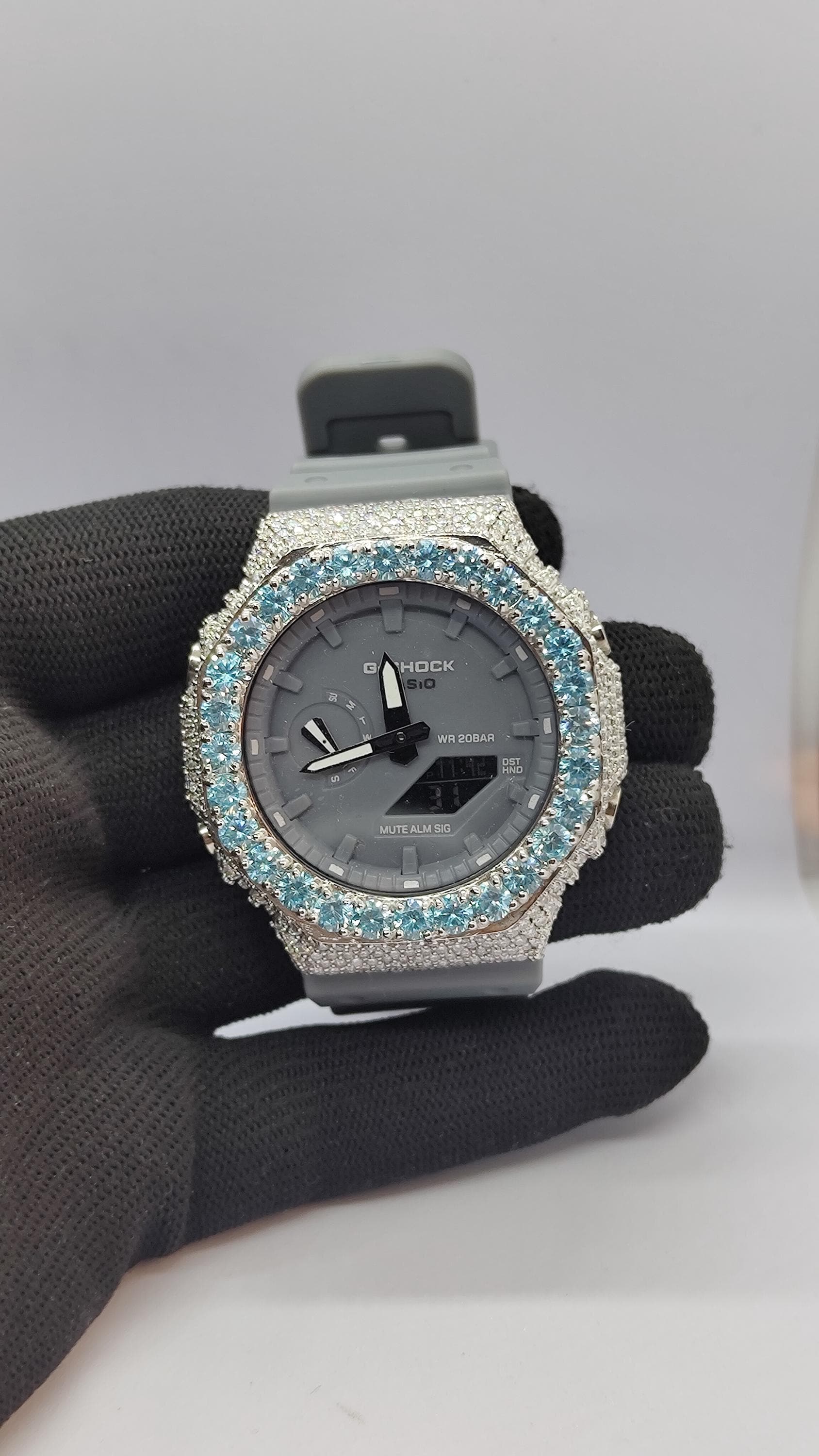 Iced Out Aqua Blue  Moissanite Bust Down Case | Luxury Hip Hop Watch | Custom Diamond Style Timepiece