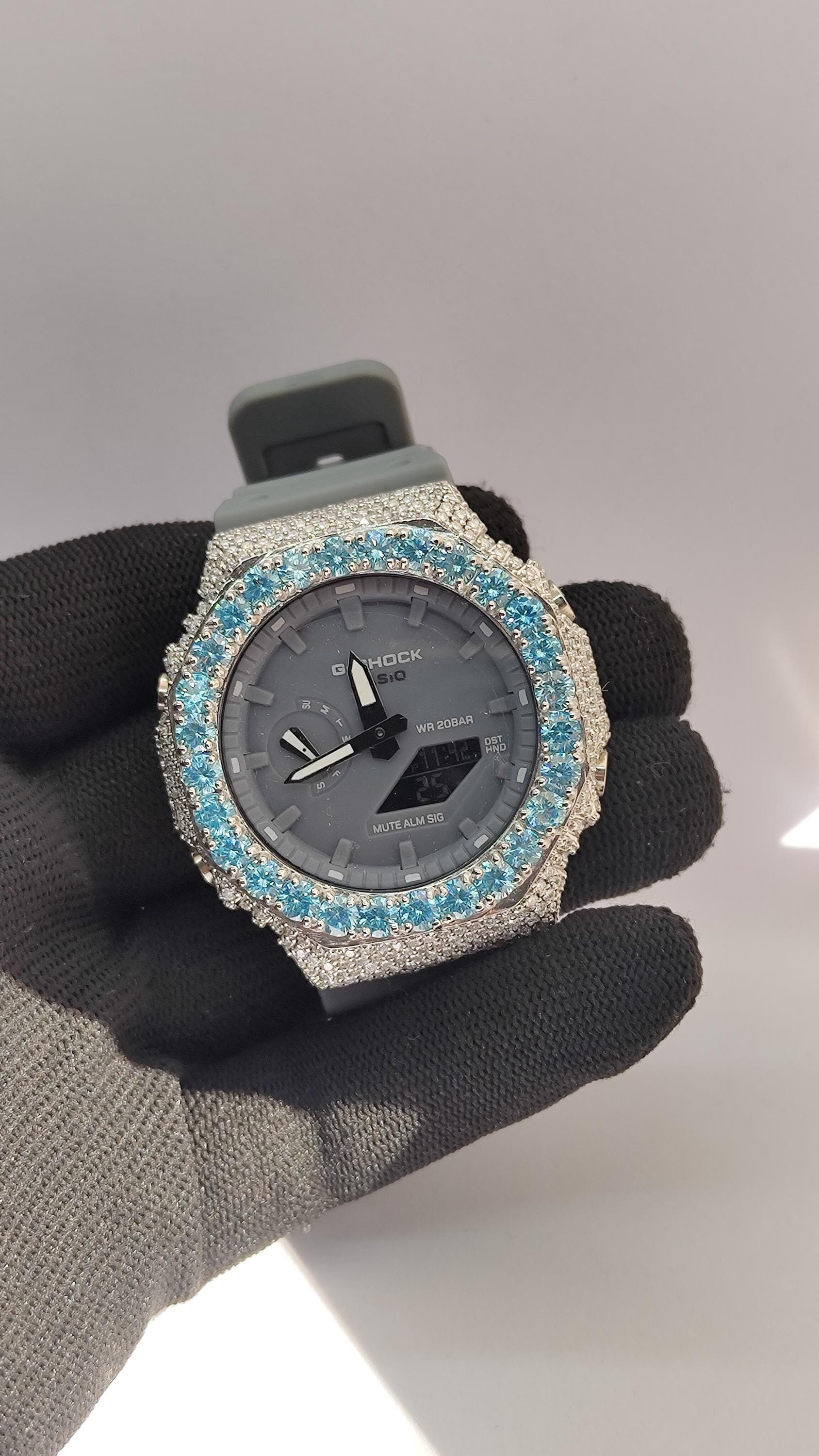 Iced Out Aqua Blue  Moissanite Bust Down Case | Luxury Hip Hop Watch | Custom Diamond Style Timepiece
