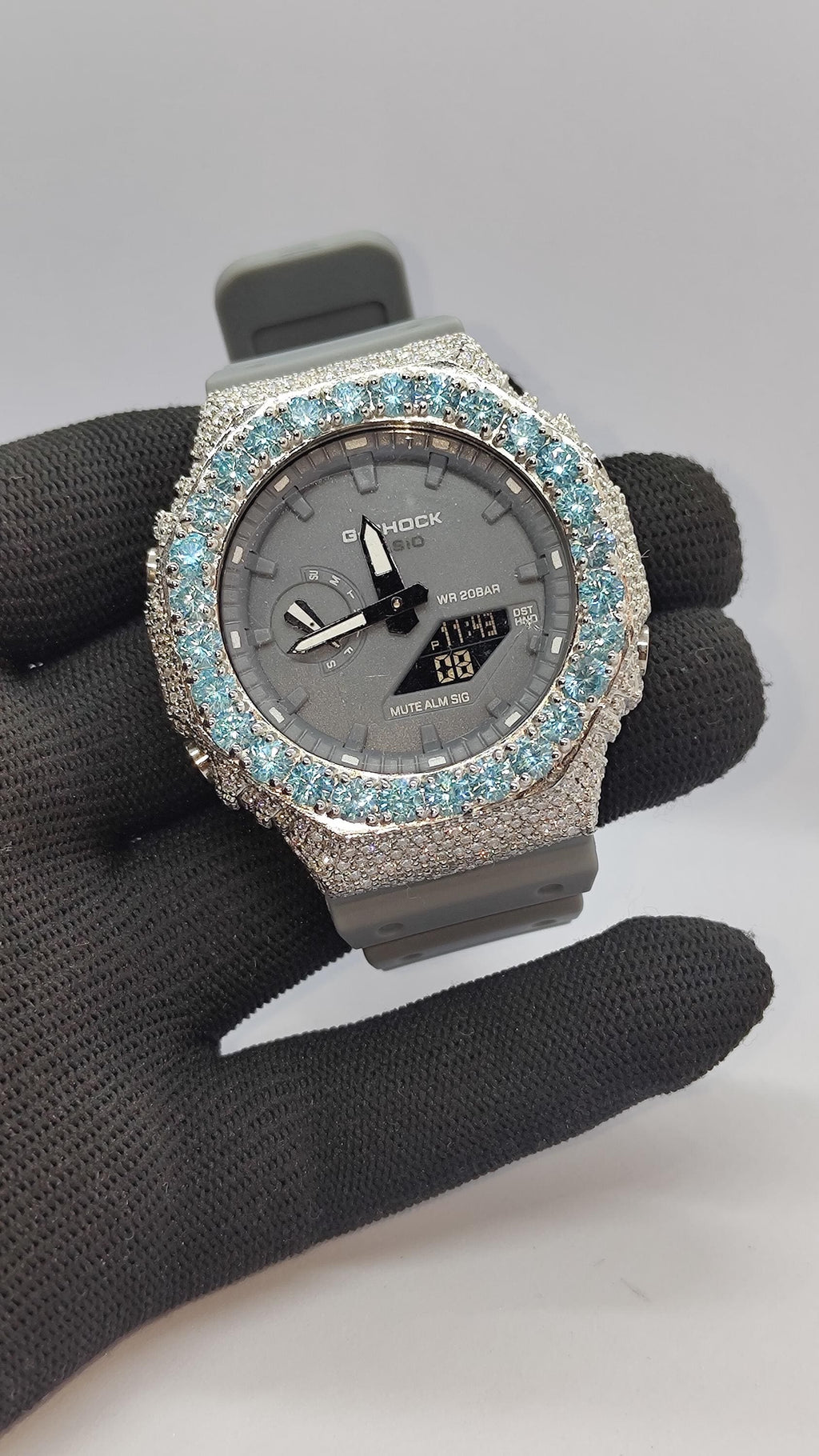 Iced Out Aqua Blue  Moissanite Bust Down Case | Luxury Hip Hop Watch | Custom Diamond Style Timepiece