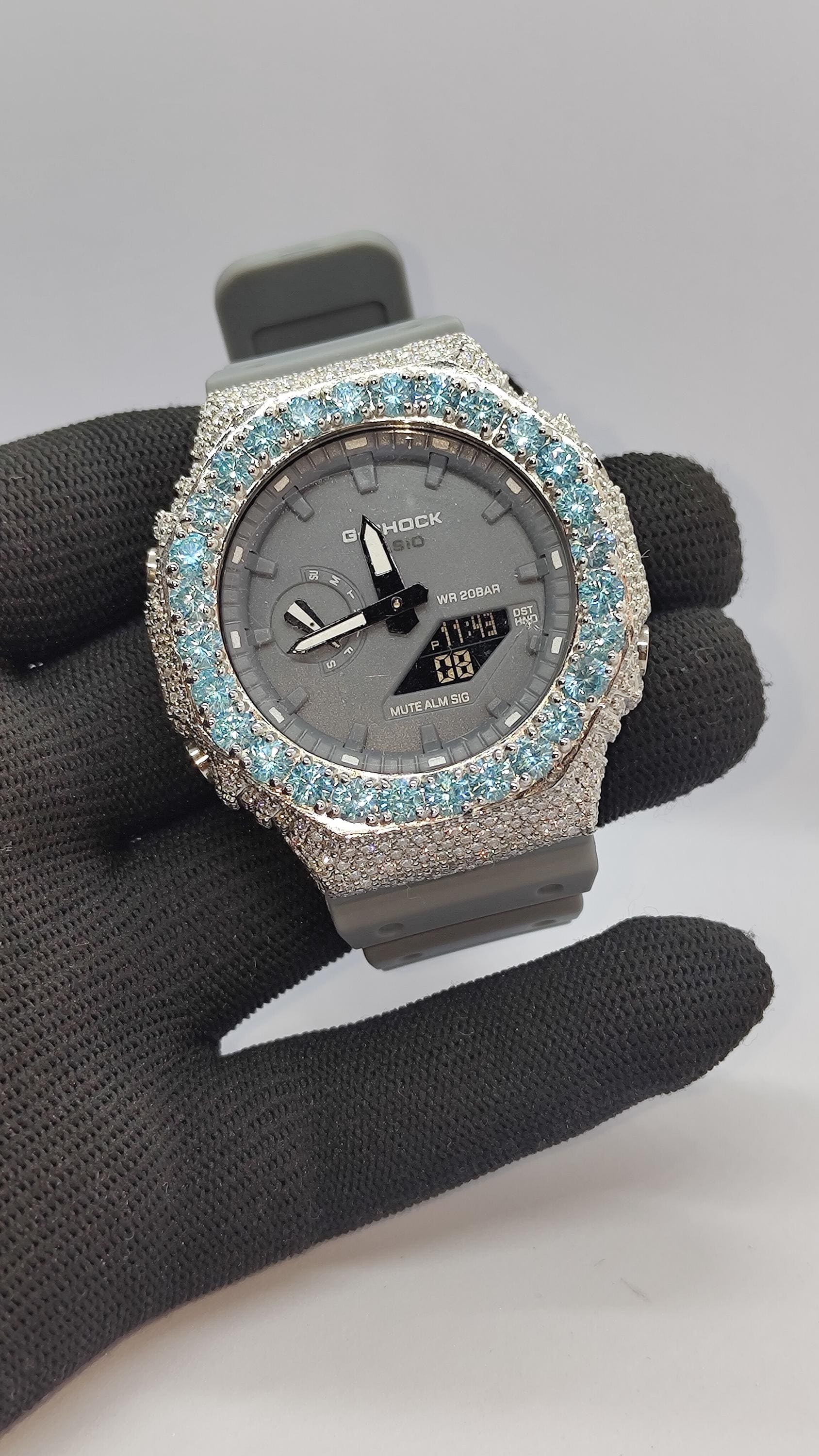 Iced Out Aqua Blue  Moissanite Bust Down Case | Luxury Hip Hop Watch | Custom Diamond Style Timepiece
