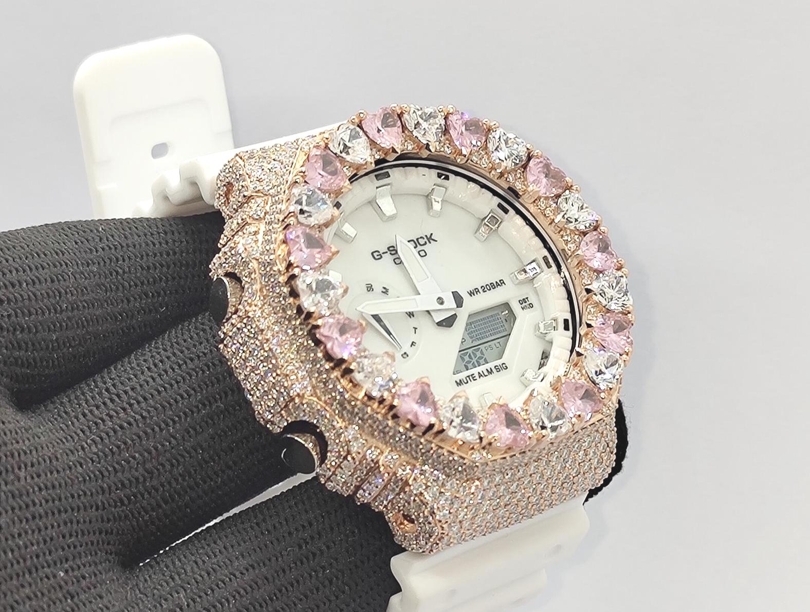 Moissanite Watch – Pink & White Heart - Iced Out Rose Gold Finish –Gift for her