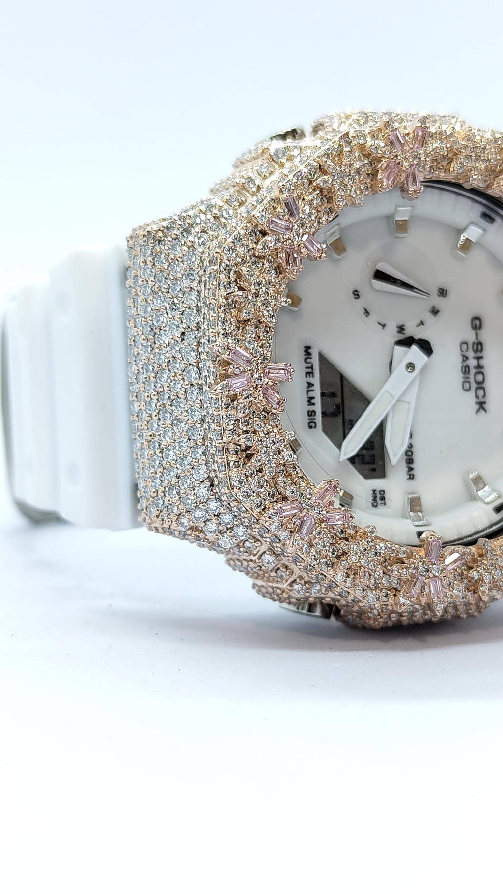 Iced Out Moissanite Custom Watch  – Floral Baguette Bezel – Rose Gold Finish