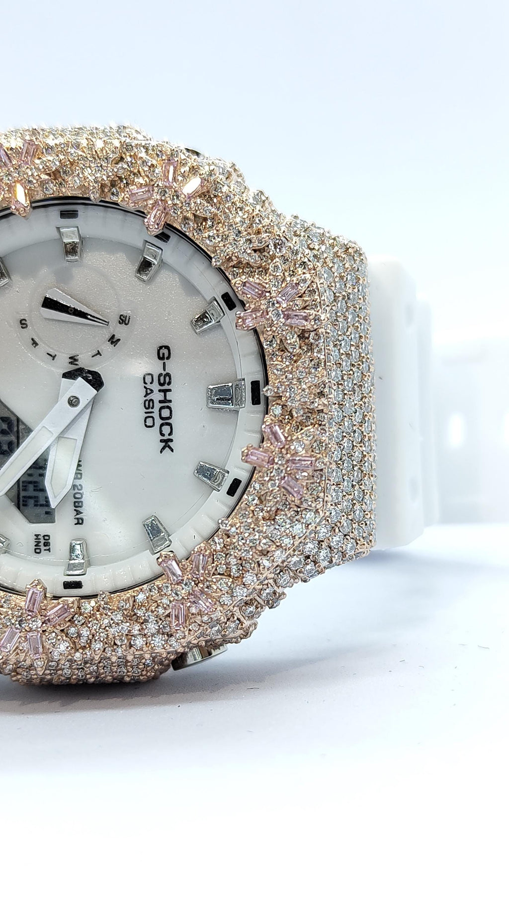 Iced Out Moissanite Custom Watch  – Floral Baguette Bezel – Rose Gold Finish