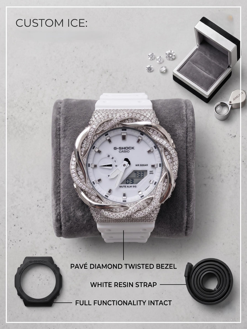 White Moissanite Iced Out Watch | Twisted Fluid Bezel design |  Moissanite Watch Gift