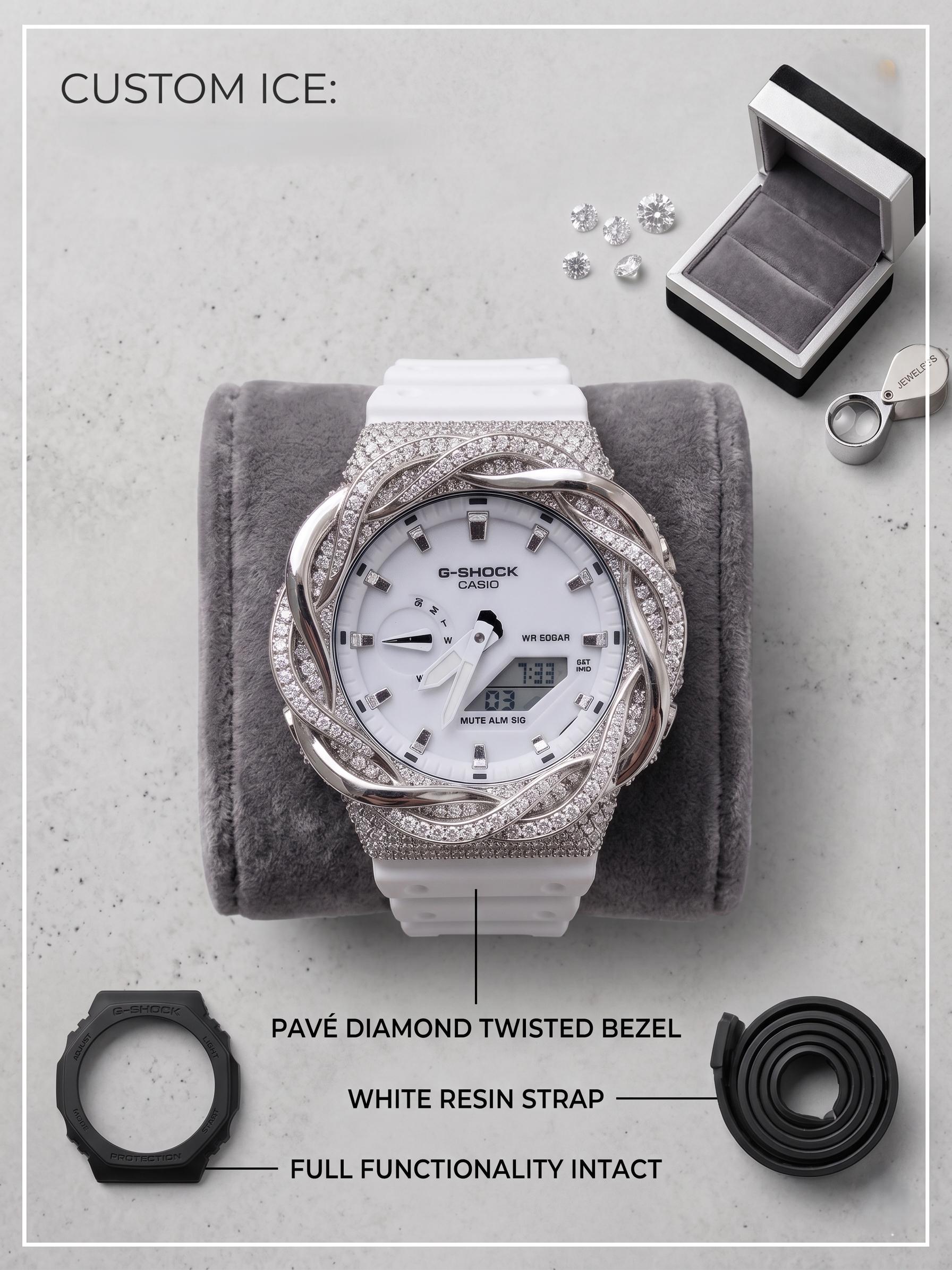 White Moissanite Iced Out Watch | Twisted Fluid Bezel design |  Moissanite Watch Gift
