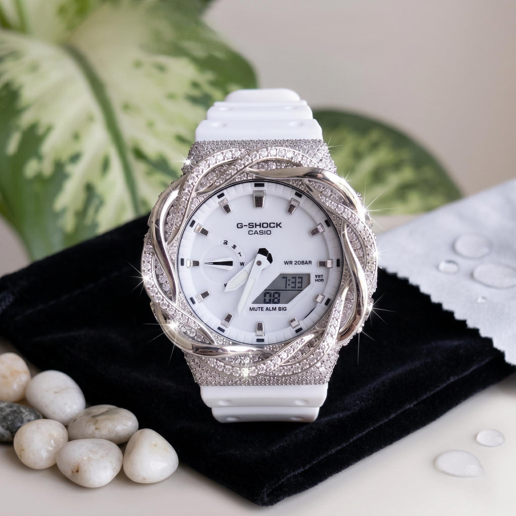 White Moissanite Iced Out Watch | Twisted Fluid Bezel design |  Moissanite Watch Gift