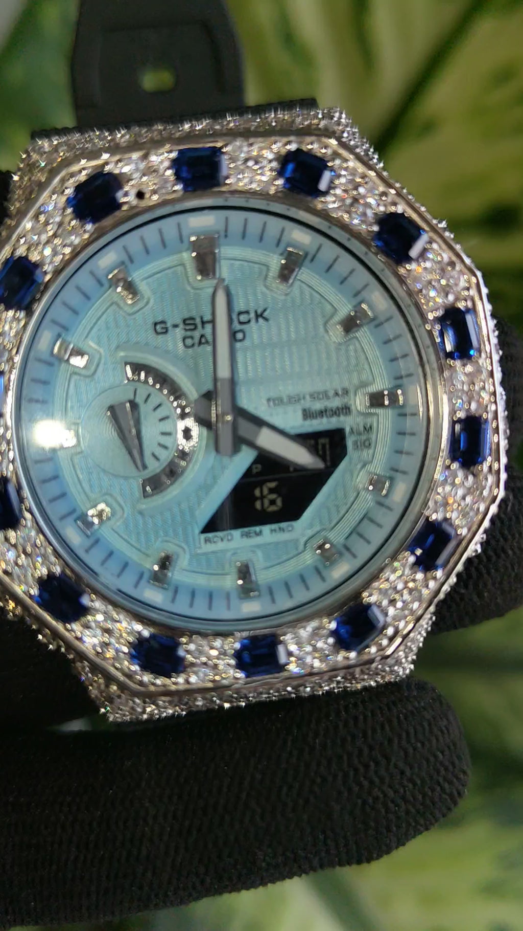 Custom Iced Out bezel Watch: VVS Moissanite, sky Blue Dial by Silvoura